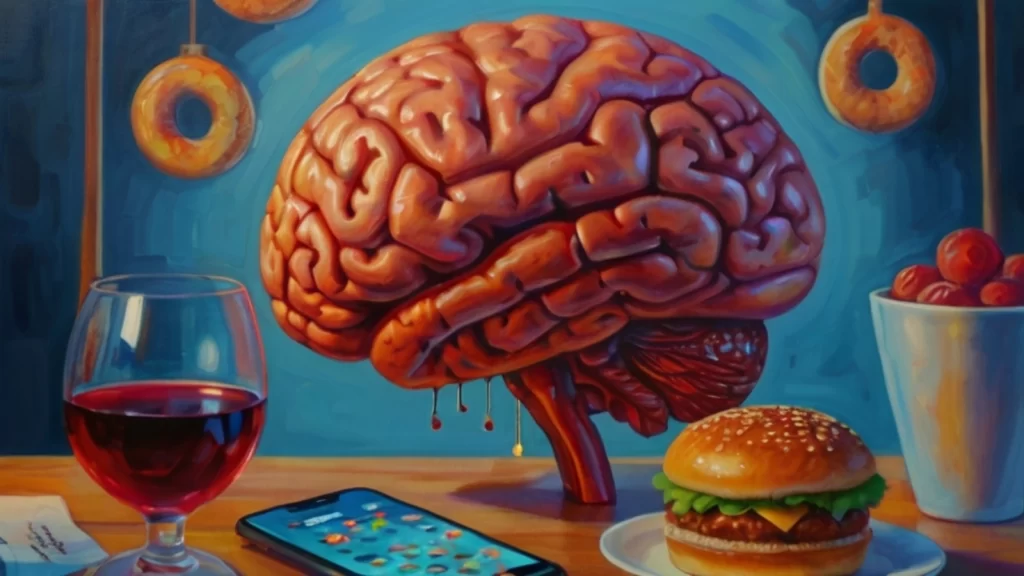 Imagem de um cérebro humano, uma taça de vinho, um hambúrguer, um smartphone e uma porção de guloseimas em estilo pintura a óleo realista