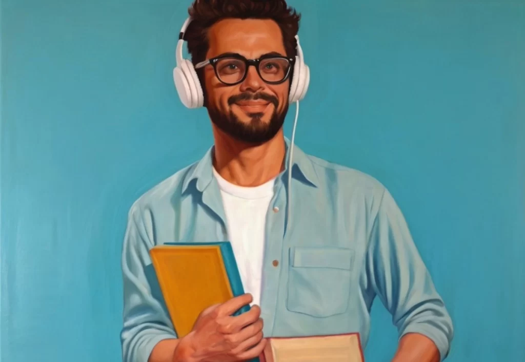 Jovem latino de óculos e headphone, sorrindo discretamente, segura livros e cadernos