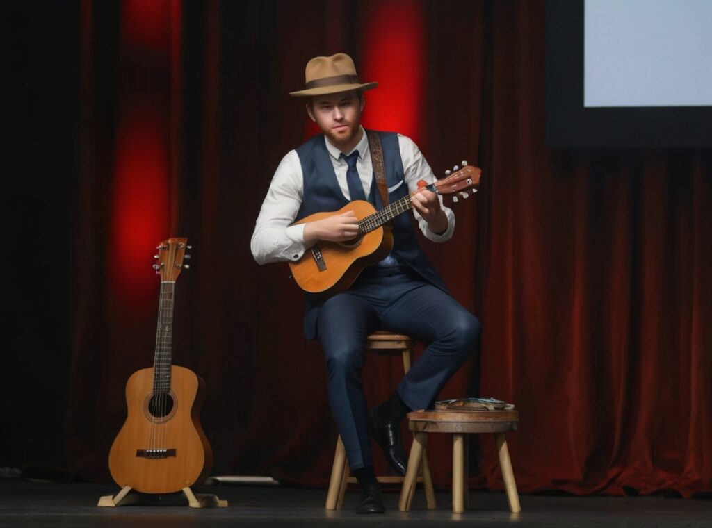 Jovem caucasiano de terno e chapéu, tocando ukulele em uma apresentação ao vivo, sentado em um banco, com um violão ao seu lado