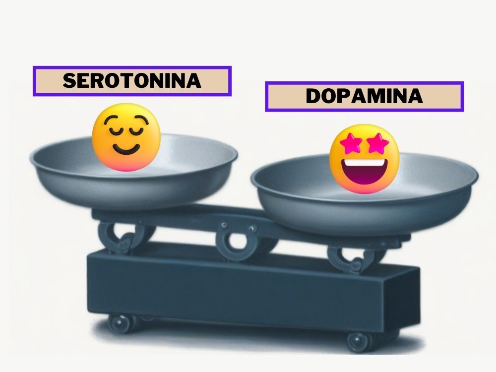 Balança pesando emojis felizes para representar equilíbrio entre serotonina e dopamina