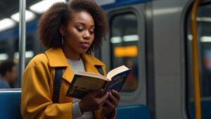 Uma bela jovem negra lendo um livro no transporte público