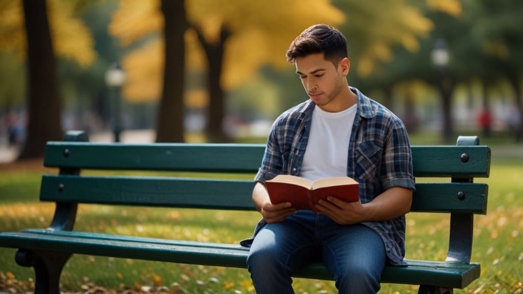 Jovem rapaz lendo um livro em um banco de praça