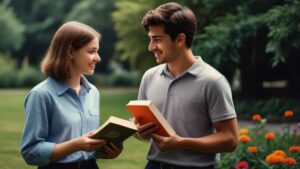 Jovem casal conversando em um parque. Cada um deles têm um livro nas mãos.