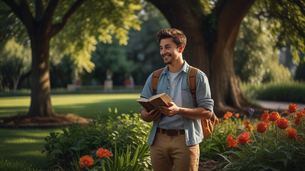 Jovem rapaz sorrindo com um livro nas mãos em um belo parque