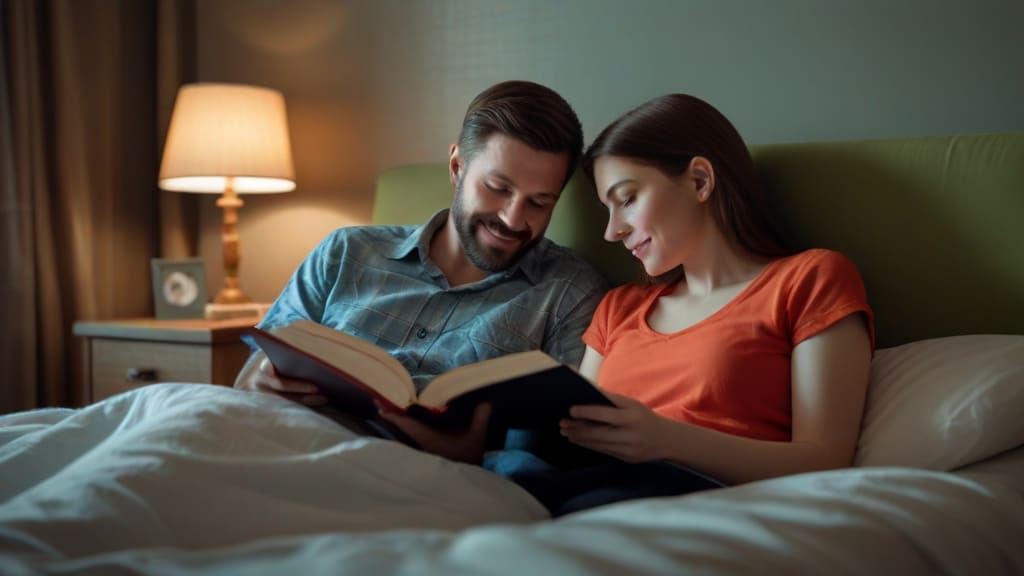 Casal lendo um livro juntos na cama