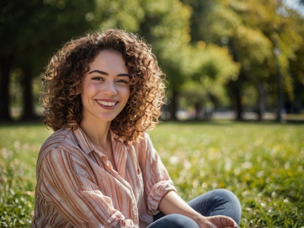 Bela jovem mulher sorrindo em um parque em um dia ensolarado. 