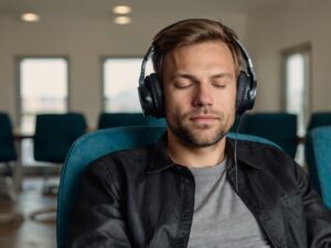 Homem sentado em uma cadeira em um hall, com fones de ouvido, escutando um áudio de meditação mindfulness guiada