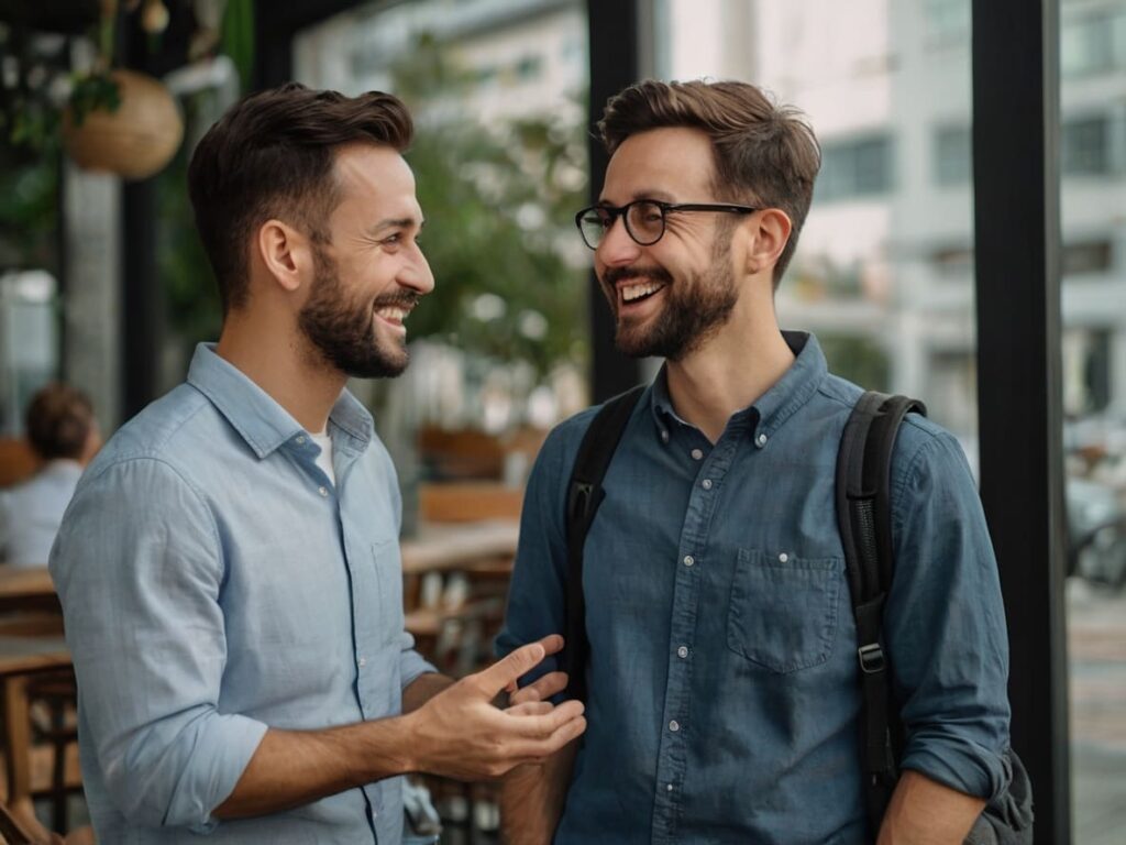 Dois homens conversam de forma amigável