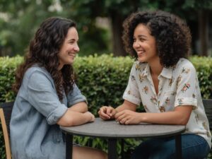 Duas mulheres conversam de forma amigável, sentadas à uma mesa pequena em local aberto