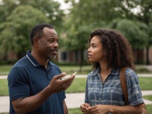 Um homem afro-americano de 50 anos conversa com uma jovem mulher de 20 anos