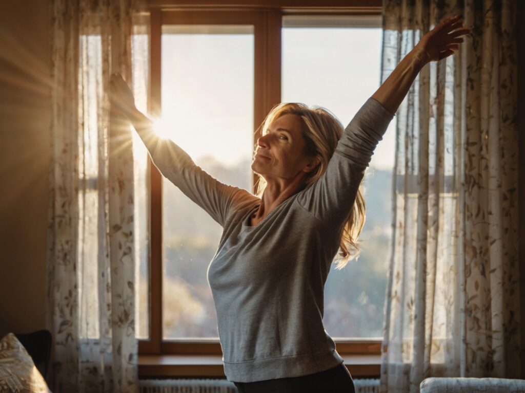 Mulher se esticando alegremente na sala sob a luz do sol que entra pela janela.