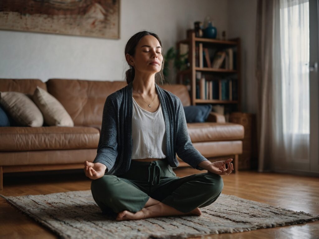 Mulher sentada meditando no cão da sala.