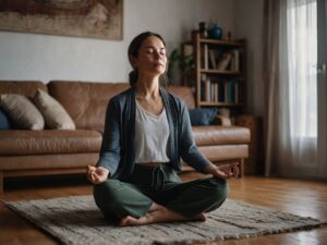 Mulher sentada meditando no cão da sala.