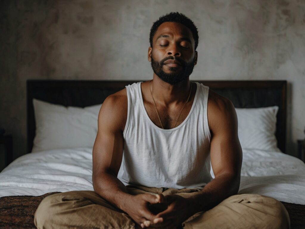 Homem sentado na cama praticando meditação mindfulness