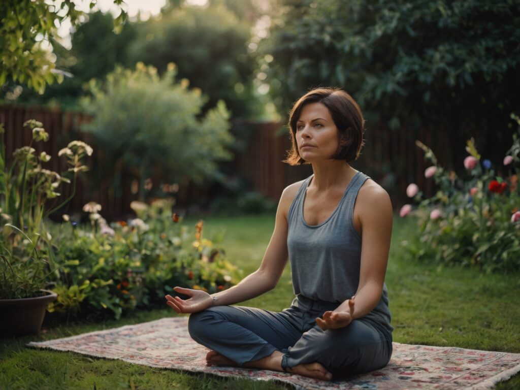 Mulher jovem sentada sobre um tapete no jardim para fazer meditação mindfulness para controlar a ansiedade