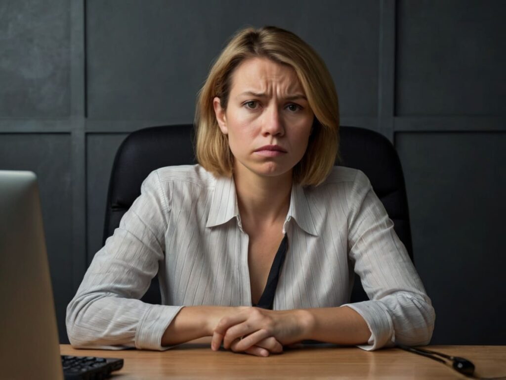 Bela jovem mulher com olhar triste e confuso em sua mesa de trabalho