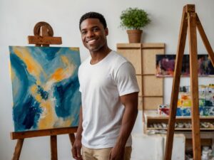 Jovem afro-americano sorridente ao lado de uma pintura em tela.