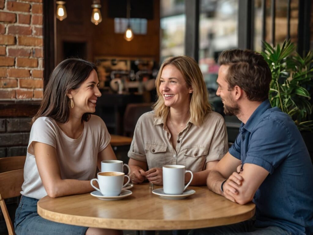 Um homem e duas mulheres conversam de forma amigável em um café.