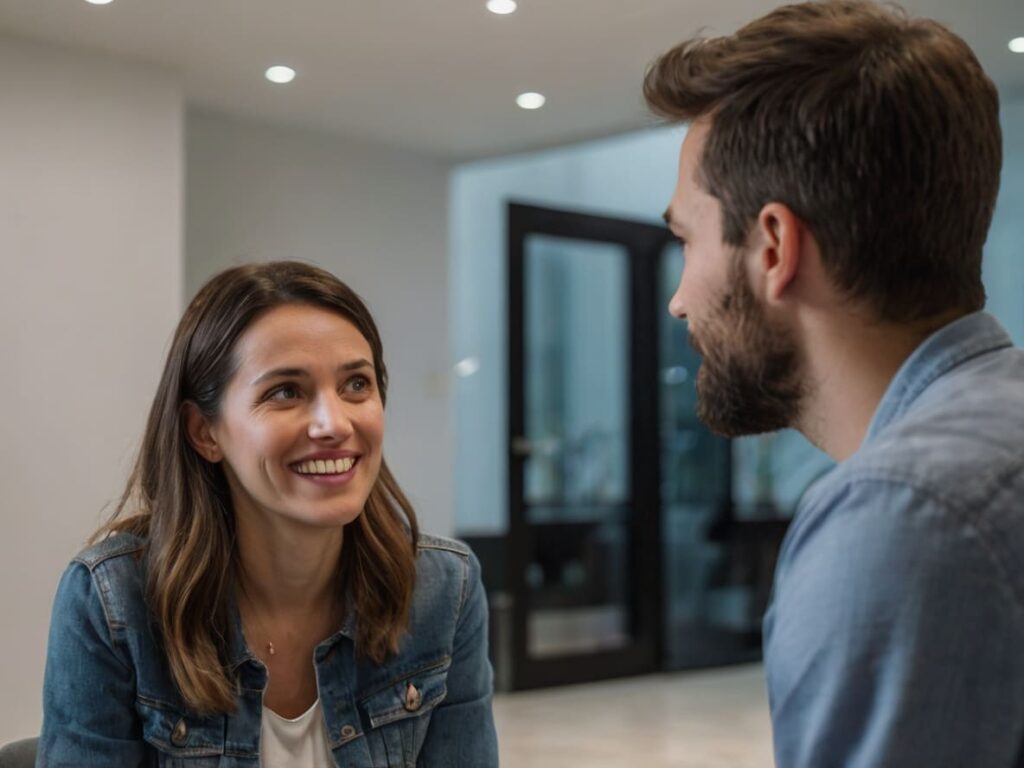 Um homem e uma mulher conversam de forma amigável.