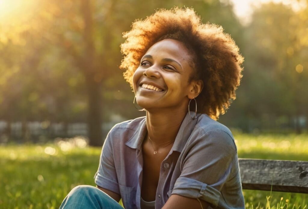 Bela mulher afro-americana em um parque sorrindo em um dia ensolarado