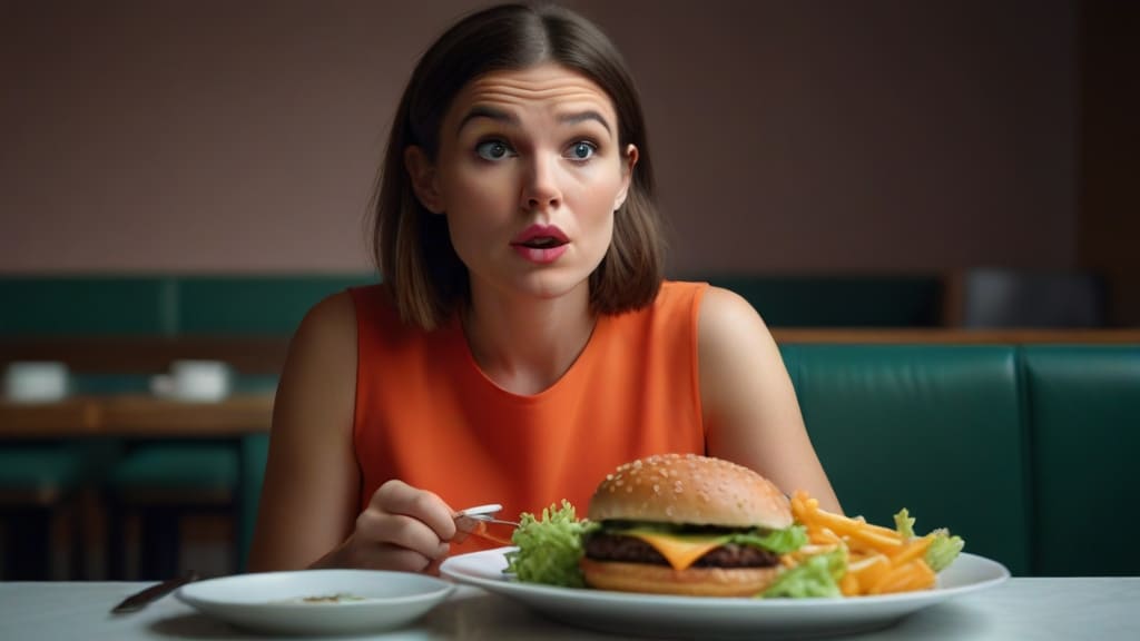 Mulher sentindo-se culpada por estar comendo hambúrguer com batatas fritas e arruinando a dieta