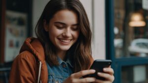 Bela jovem mulher sorrindo enquanto olha no seu smartphone, acompanhando o progresso de seu novo bom hábito em um aplicativo de monitoramento de hábitos.