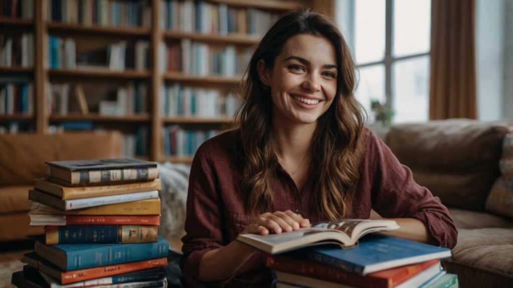 Bela moça jovem sorridente rodeada de livros