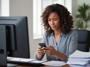 Mulher em frente ao computador enquanto mexe no celular, representando uma pessoa sobrecarregada no trabalho.