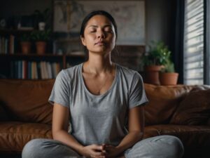 Mulher meditando da sala de casa