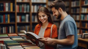 Como criar bons hábitos: jovem casal alegre escolhendo livros na livraria 