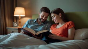 Casal cultivando o bom hábito da leitura: deitados na cama lendo um livro juntos.