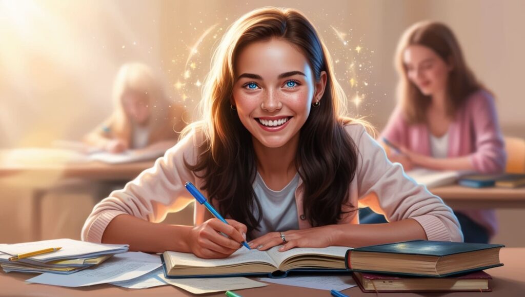 Menina feliz estudando, em representação de alguém que possui um mindset de crescimento