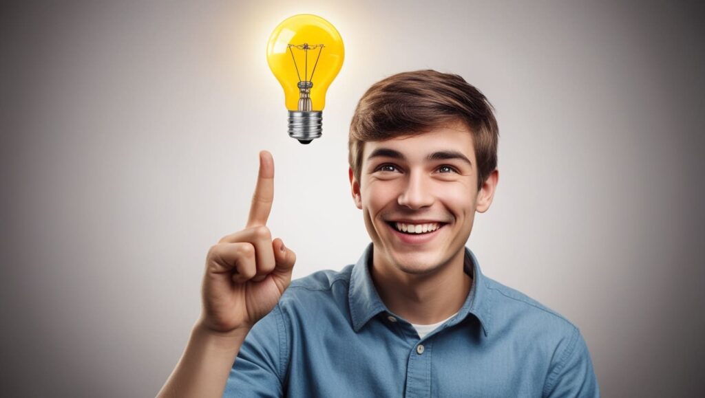 Imagen de um jovem rapaz sorrindo, com o dedo indicador erguido como se tivesse tido uma ideia brillhante. Há a figura de uma lâmpada perto de sua cabeça que reforça essa ideia.