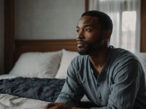 Homem em seu quarto, com o olhar distante e pensativo