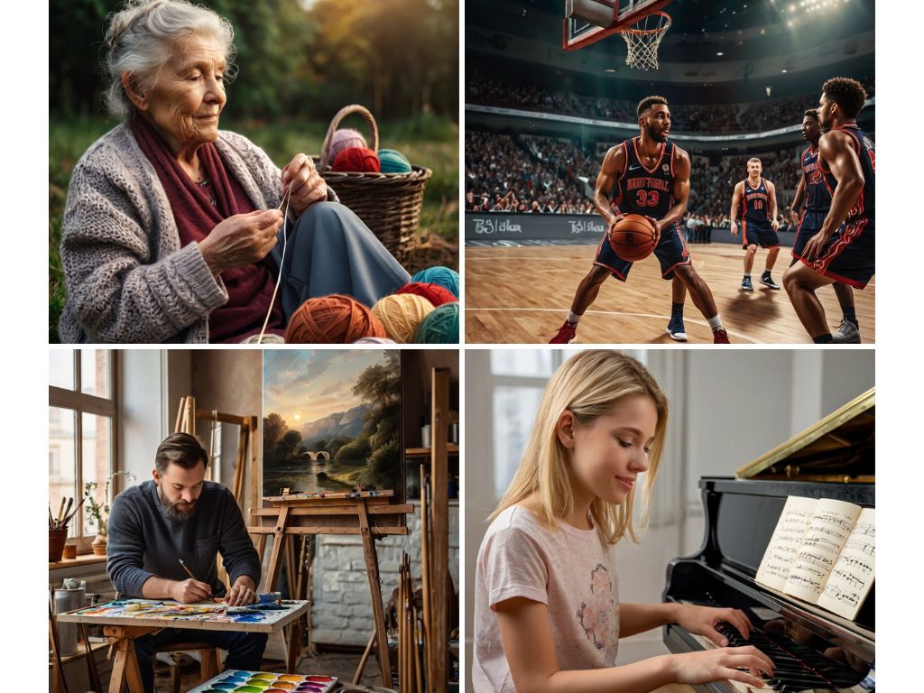 Imagem englobando 4 fotos em situações distintas: uma senhora tricotando, um time de basquete, um homem pintando uma tela e uma menina tocando piano, representando atividades que podem induzir ao estado de flow