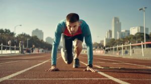 Homem agachado em posição inicial para a largada de uma maratona, representando disciplina para a preparação