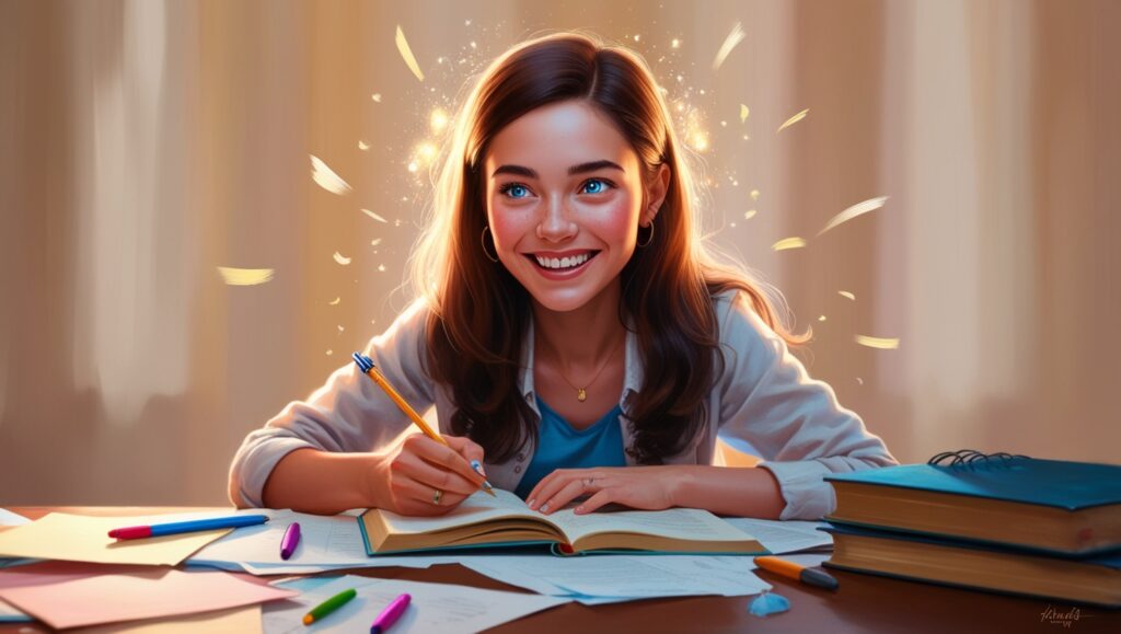 Menina feliz sorrindo enquanto escreve em seu caderno.