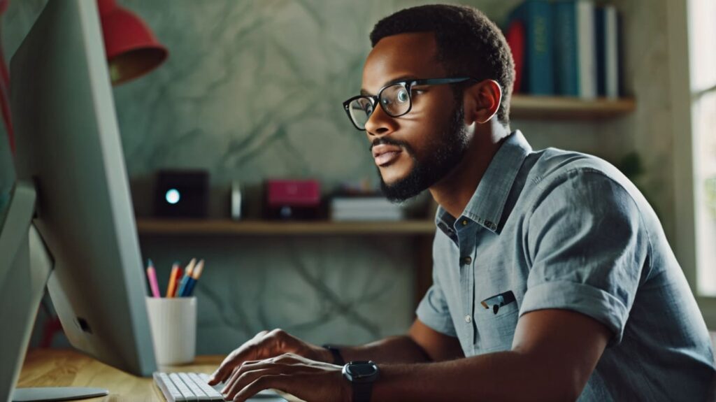 Homem negro de cerca de 30 anos, em frente ao computador, com foco e atenção voltados a seu trabalho