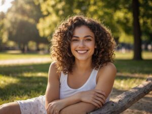 Jovem mulher sorridente pegando sol em um belo jardim.