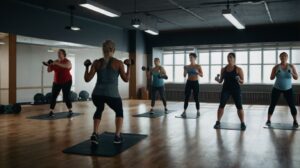 Uma aula coletiva de exercícios físicos em uma sala fitness