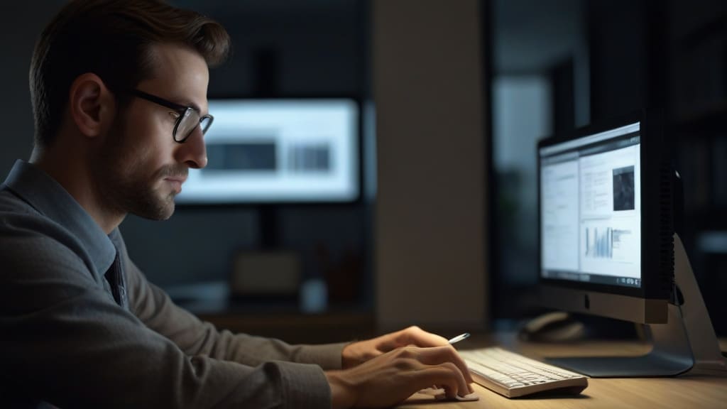 Homem com cerca de 30 anos, em frente ao computador, com foco e concentração no trabalho