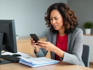 Jovem mulher no trabalho, em frente ao computador, enquanto checa o celular com cara de preocupada.