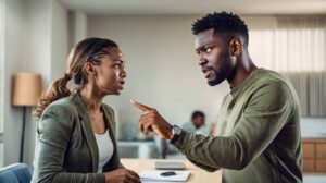 Homem discutindo com mulher, apontando o dedo para ela em atitude autoritária, representando o tipo de pessoa difícil de lidar por ser controladora