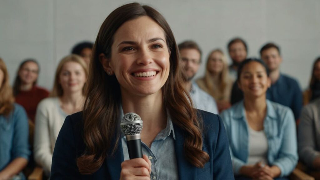 Mulher sorrindo com microfone na mão em meio a um público, representando a imagem de uma oradora confiante e bem-sucedida