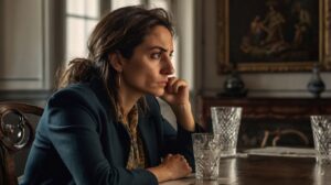 Mulher sentada à mesa, elegantemente vestida com olhar sério tentando manter a calma