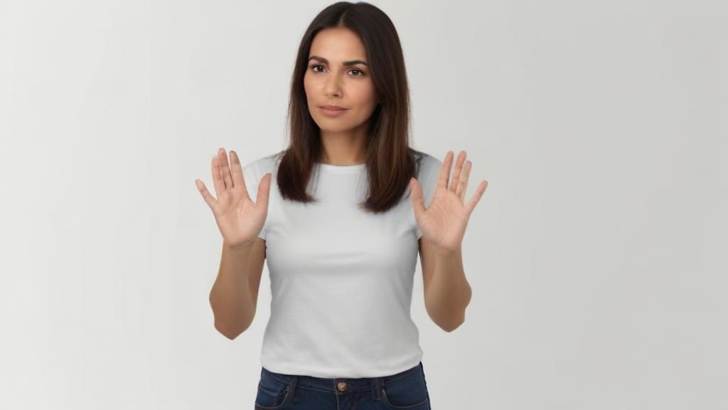 Bela jovem mulher com as mãos abertas como se estivesse dizendo "basta!"