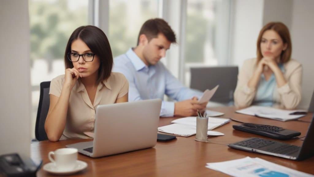 Equipe composta por duas mulheres e um homem em escritório. Os três parecem desatentos e entediados.