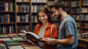 Como criar bons hábitos: jovem casal alegre escolhendo livros na livraria